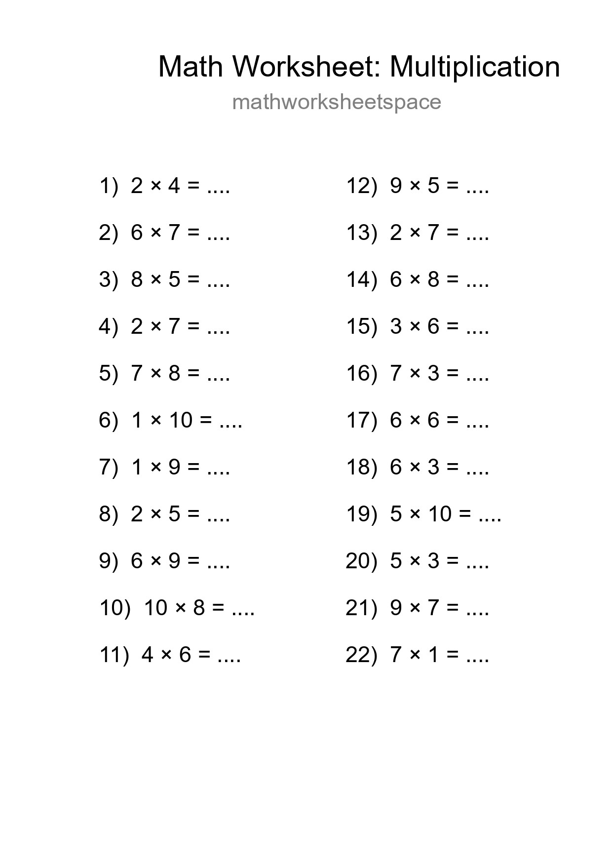 Printable Free 22 Multiplication Math Worksheet For Grade 1 - Part 297