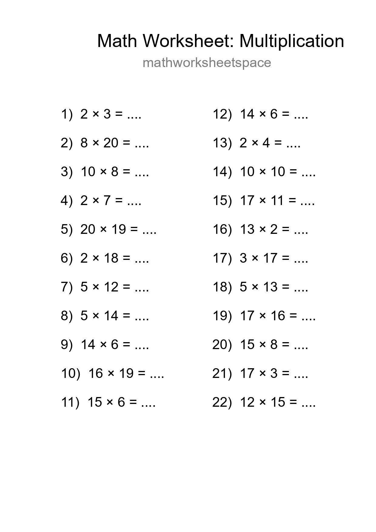 Printable Free 22 Multiplication Math Worksheet For Grade 2 - Part 207