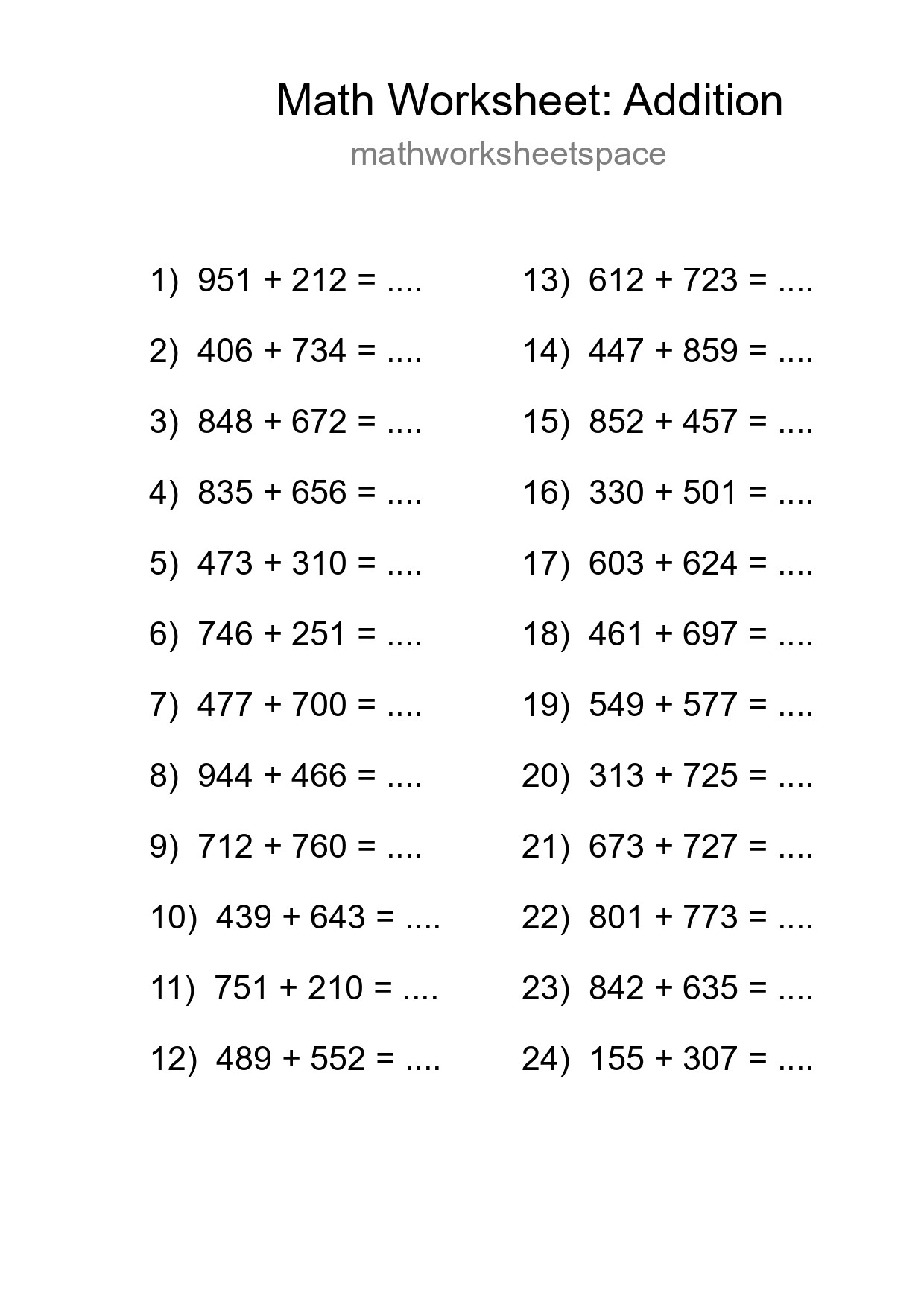 Printable Free 24 Addition Math Worksheet For Grade 5 - Part 161