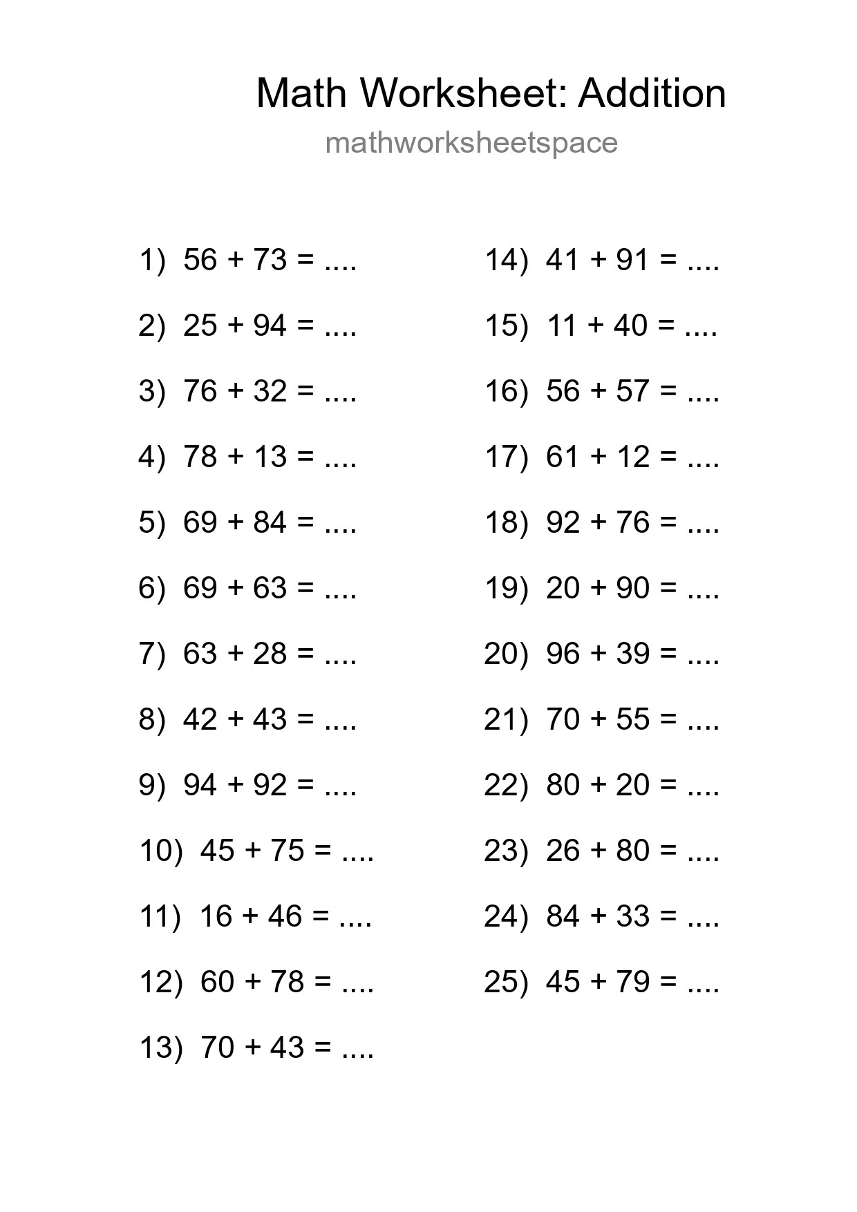 Printable Free 25 Addition Math Worksheet For Grade 3 - Part 121