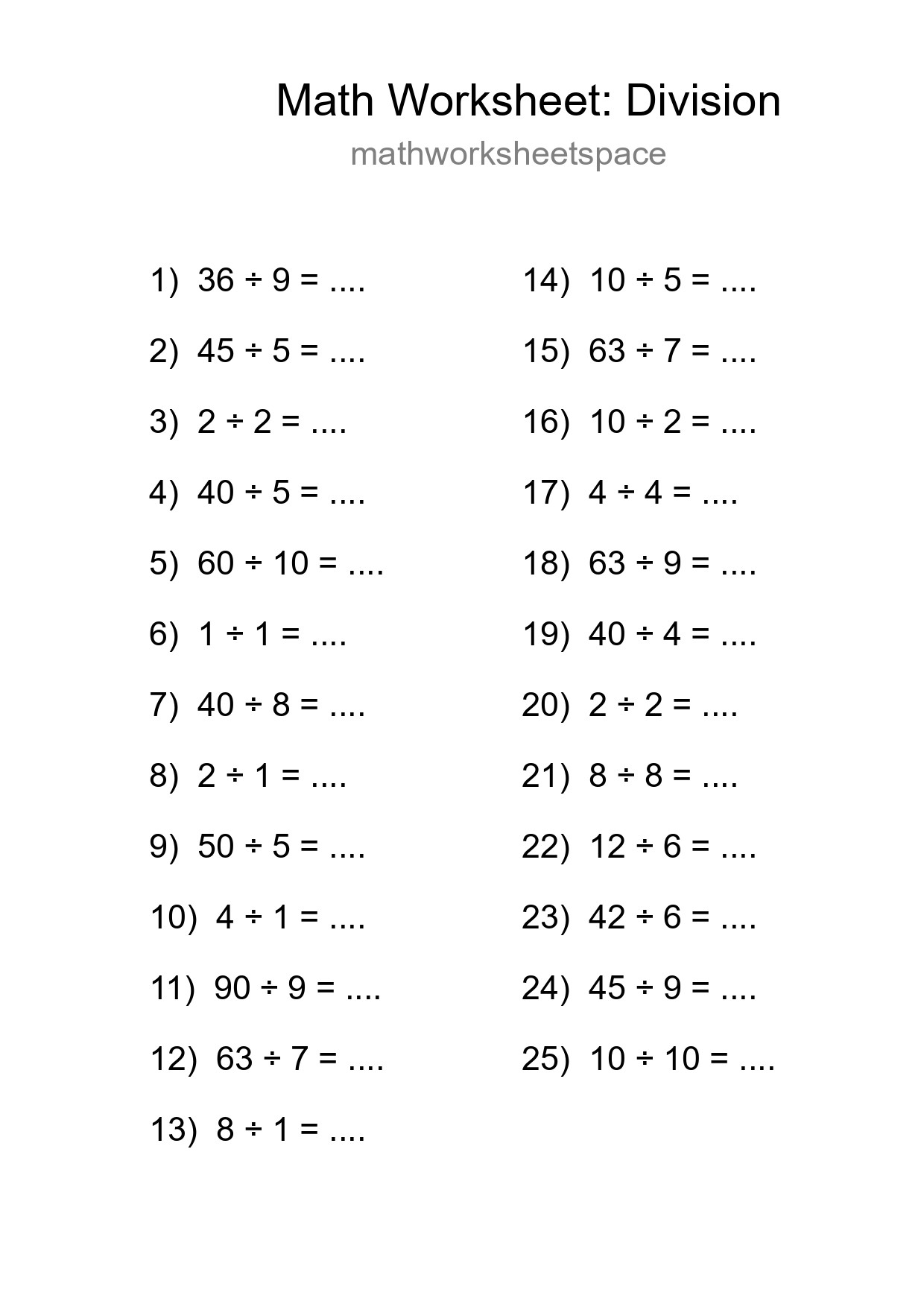 Printable Free 25 Division Math Worksheet For Grade 1 - Part 184