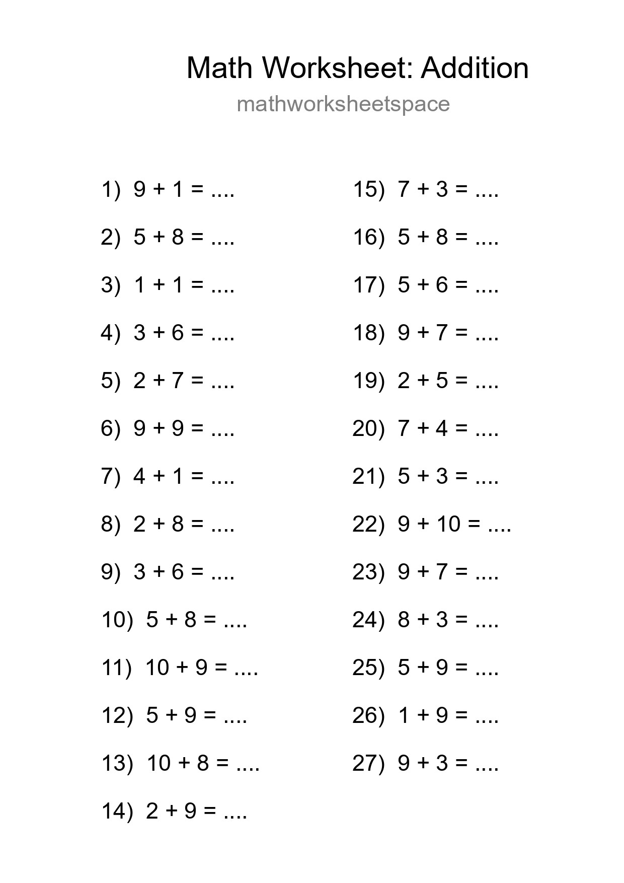 Printable Free 27 Addition Math Worksheet For Grade 1 - Part 261