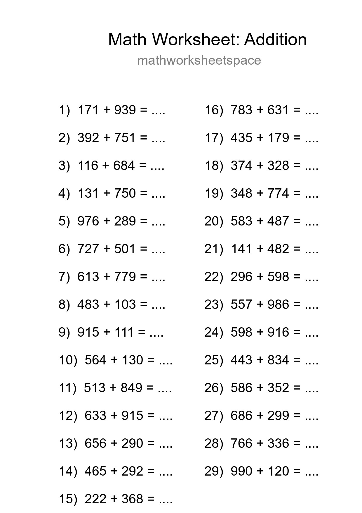 Printable Free 29 Addition Math Worksheet For Grade 5 - Part 191