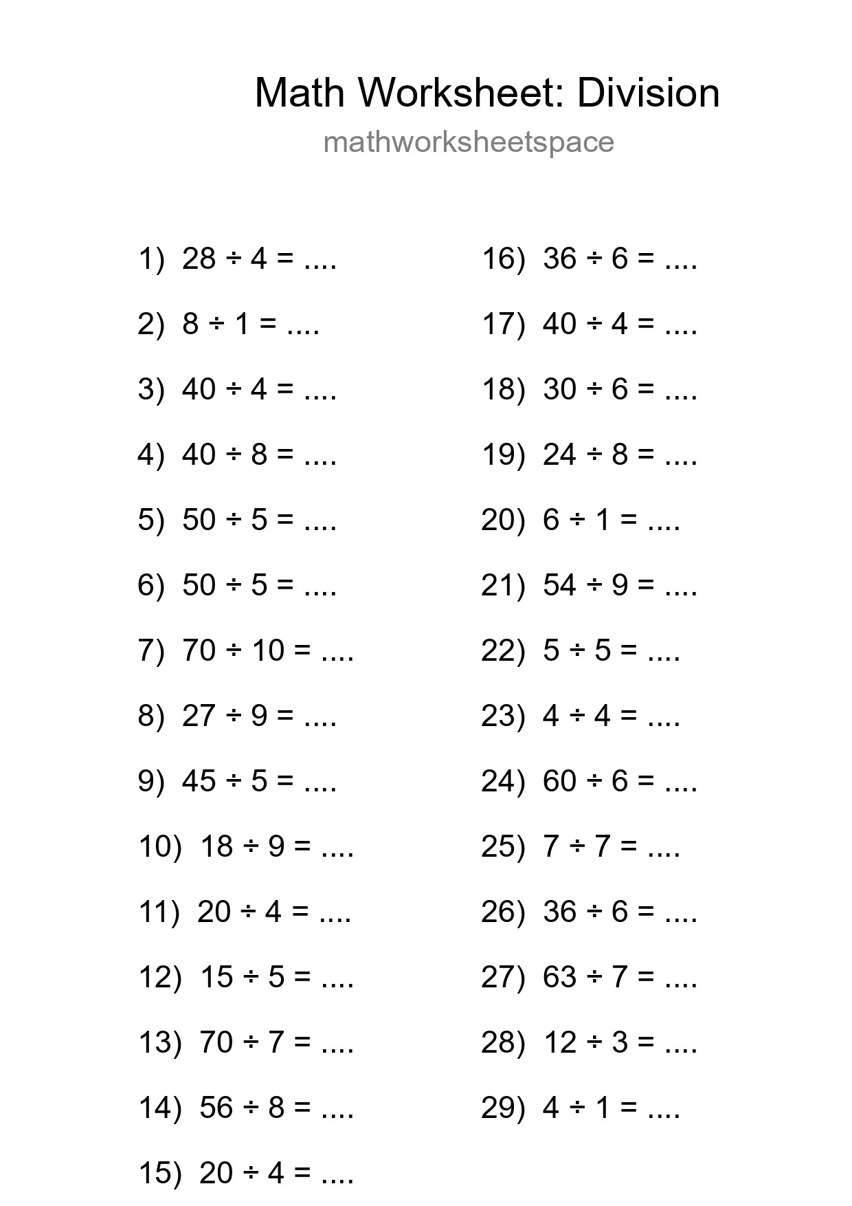 Printable Free 29 Division Math Worksheet For Grade 1 - Part 244