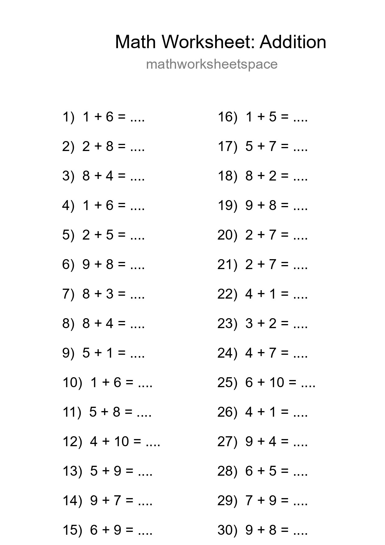 Printable Free 30 Addition Math Worksheet For Grade 1 - Part 71